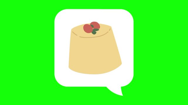 Cherry pudding, sweet in white dialogue box. Animated chat, conversation vector icon. dessert idea, tasty, food thought symbol. Popup animation green screen background template