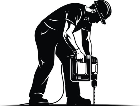 Vector silhouette of a man using a power tool for construction work