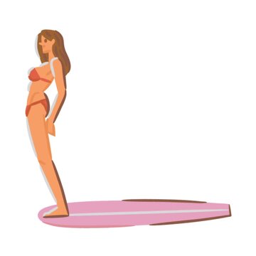Animated cartoon surfer woman balancing on board in bikini performing noseride