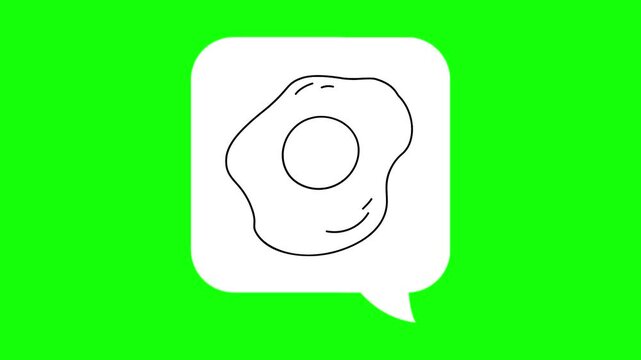 Fried egg drawing sketch in white dialogue box. Animated chat, conversation vector icon. food idea, hand-drawn, breakfast thought symbol. Popup animation green screen background template