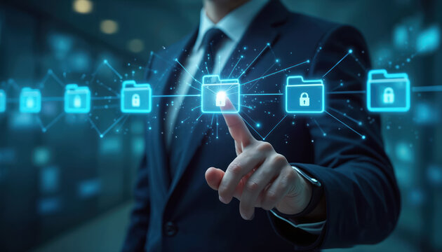 Businessman interacts with glowing digital folders on a futuristic network. Files are secured with digital locks, suggesting data management and cybersecurity. Technology helps organize information.