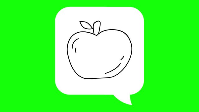 An Apple drawing sketch in white dialogue box. Animated cartoon chat, conversation vector icon. Fruit idea, fresh, healthy thought symbol. Popup animation green screen background template