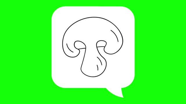 Mushroom drawing sketch in white dialogue box. Animated cartoon chat, conversation vector icon. Food idea, hand-drawn, Fungi thought symbol. Popup animation green screen background template