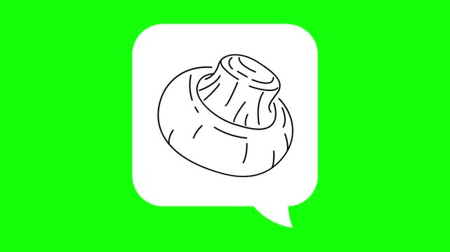 Mushroom drawing sketch in white dialogue box. Animated cartoon chat, conversation vector icon. Food idea, hand-drawn, Fungi thought symbol. Popup animation green screen background template