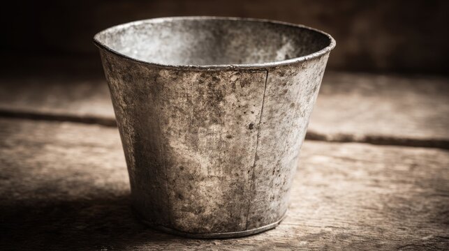 A slightly tarnished vintage metal bucket with a dull patina sits on a rustic wooden surface