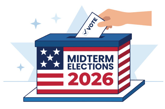 US Midterm Elections 2026 Vote Logo with Ballot Box  Patriotic Vector Design
