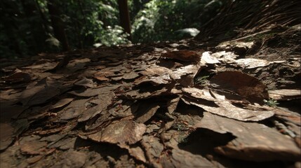 Fototapeta premium A close-up view of scattered dried leaves and muddy earth clumps on a forest floor, showcasing natural textures and decay