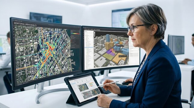 A woman analyzing map and 3D data in office for the concept of technology and urban planning.