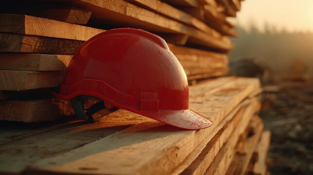 Red Hard Hat with Integrated Face Shield Resting on Stacked Lumber at Construction Site