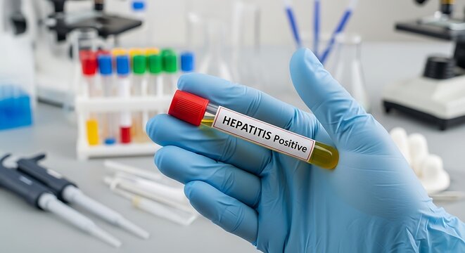 A close up view of a gloved hand holding a medical test tube labeled with hepatitis positive result