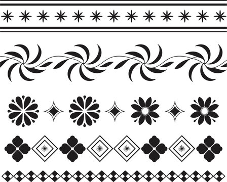 Set of black decorative border patterns isolated on white background, horizontal floral dividers and geometric line elements for elegant graphic design.