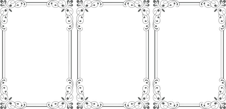 Set of three gray ornate filigree frames on white background, decorative vintage border collection for luxury wedding invitations and certificates.