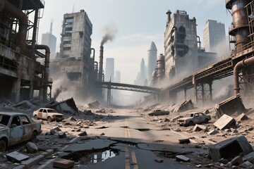 A haunting and evocative view of an eerily deserted city environment, showcasing the destruction and decay