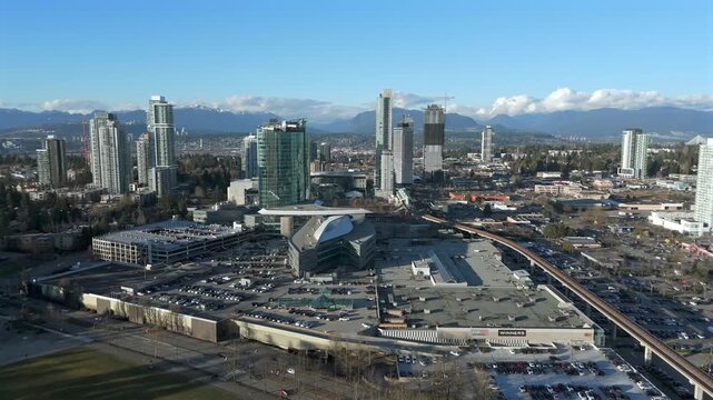 Modern Architectures Of Commercial Shopping Complex At Surrey City Centre In British Columbia, Canada. Aerial Drone Shot