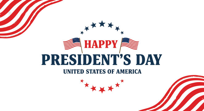 American flags, stars and text celebrating President's Day against a white background, concept for patriotic promotions, holiday greetings and political campaigns.