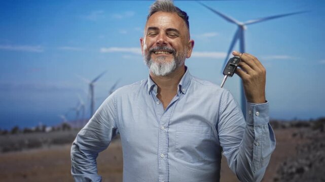 Man smiling and holding car keys up beside wind turbines in a field, casual button shirt and white beard visible while posing for the camera; pride.