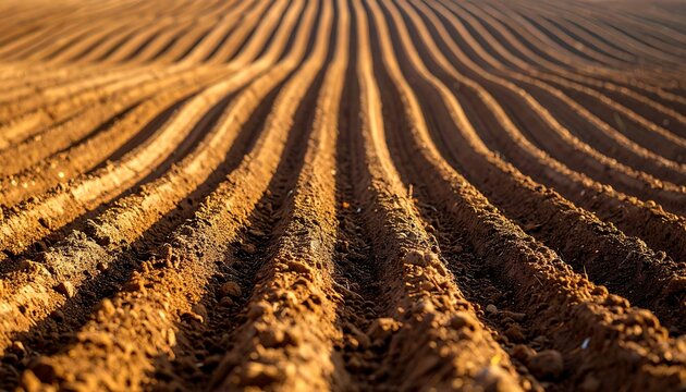 Freshly Plowed Earth with Parallel Furrows and Ridges in Warm Sunlight