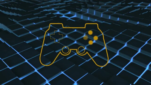 Animation of game pad controller over glowing blue squares
