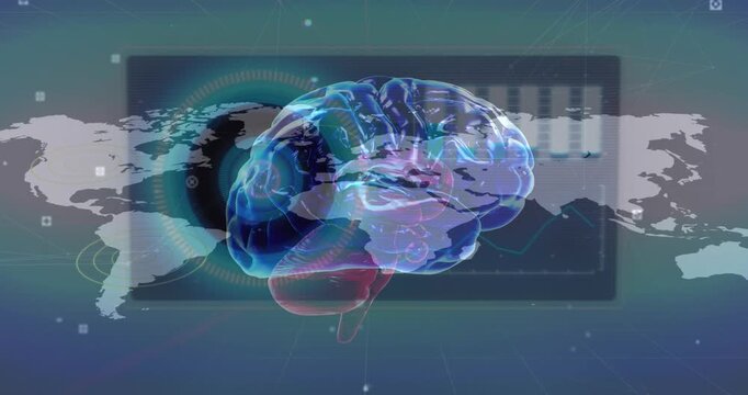 Animation of brain rotating over world map and screens with diverse data