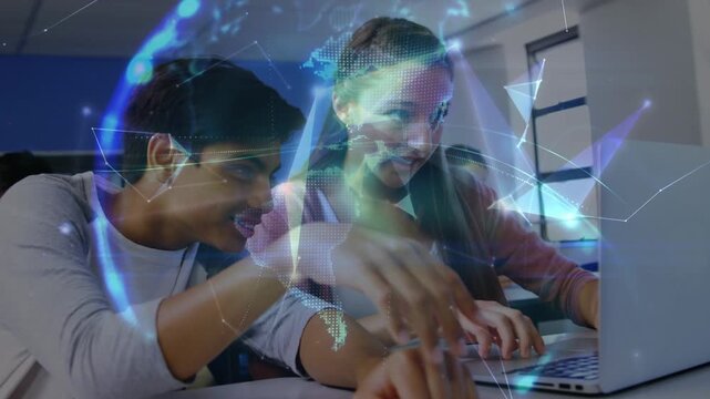 Animation of connections and globe over happy diverse students using technology at school