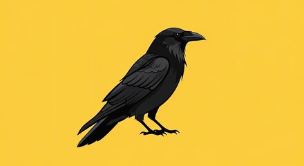 Obraz premium Black raven illustration on a bright yellow background graphic design element