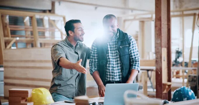Excited, carpenter and men with high five in warehouse for deal, success or furniture production. Woodworking, people and celebration for timber collaboration, lumber and handshake for construction