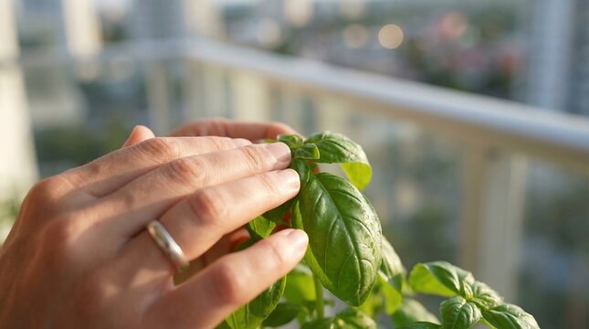 Hand gently touching green basil leaves on balcony with city view.