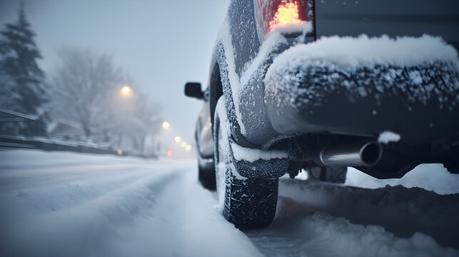 Vehicle driving on snowy road during winter blizzard