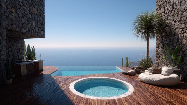 Luxury pool area with ocean view tranquil scene for relaxation vacation