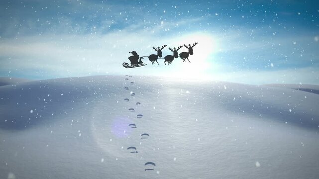 Animation of santa claus in sleigh with reindeer moving over winter landscape at christmas