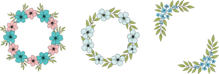 Fototapeta premium Floral Wreath Set with Colorful Flowers and Green Leaves for Wedding, Decor, and Botanical Designs