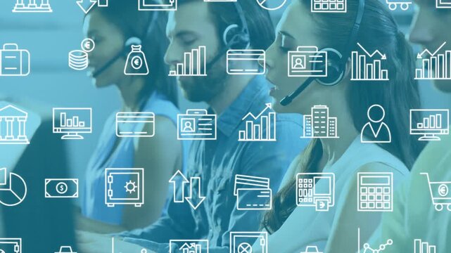 Animation of online icons over diverse business people wearing phone headsets