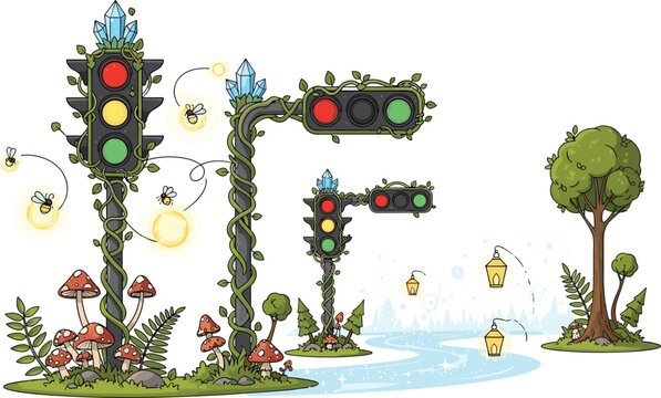 Fantasy forest traffic lights with vines mushrooms glowing fireflies and magical landscape whimsical nature vector illustration set