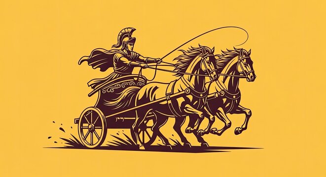 Chariot racing depiction with horses and driver on yellow background