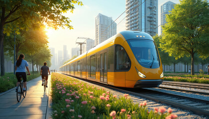 Obraz premium Modern yellow tram travels on tracks beside park with cyclists. City skyline buildings and green trees form background. Sunny day with flowers in foreground.