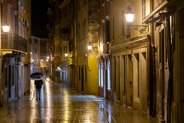 Fototapeta premium Solitary person walking with umbrella on wet street at night