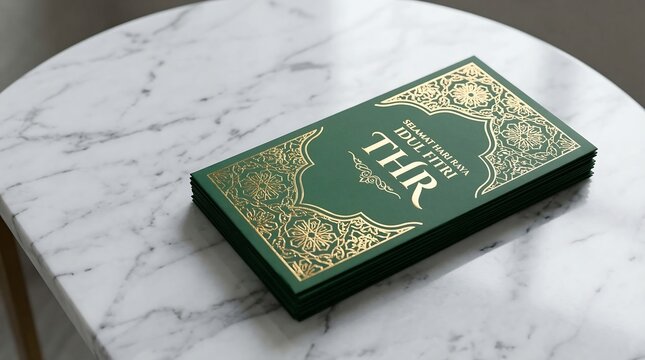 Green book with gold design on table.