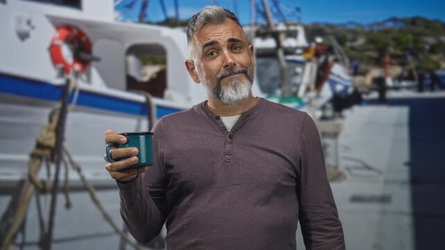 Man holding teal mug on street port with boats and ropes, casual shrug and half smile; contentment reflection.