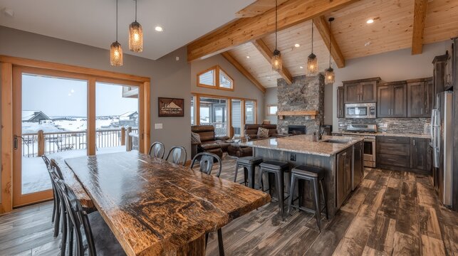 Rustic open concept living area features a large dining table and full kitchen with outdoor winter view