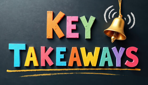 Colorful letters spell KEY TAKEAWAYS on chalkboard. Golden bell rings signaling important points. This illustration signifies crucial information and lessons learned.