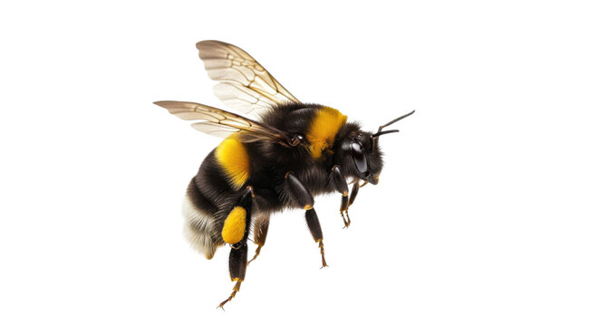 A closeup photo of a bumblebee in midair with yellow and black stripes isolated on transparent background