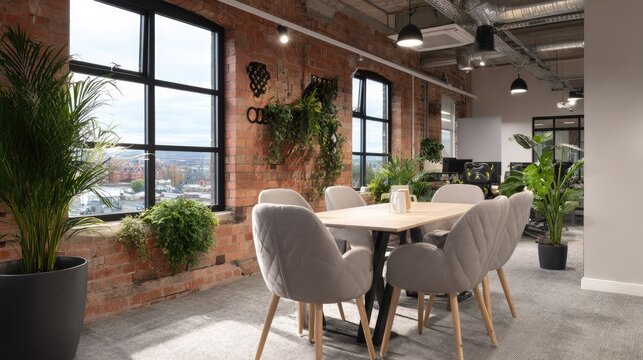 Contemporary office meeting area featuring exposed brick walls and abundant interior foliage
