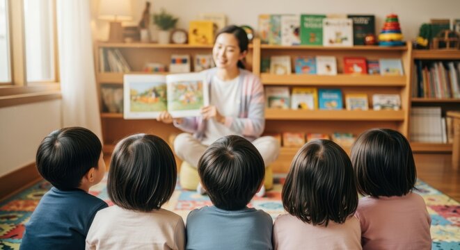 한국의 유치원 교실에서 옹기종기 모여 앉은 아이들에게 다정하게 그림책을 읽어주는 여성 보육교사