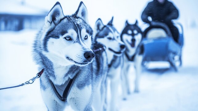 Husky sled dogs in a row waiting for winter adventure