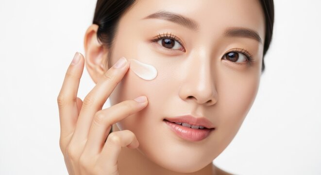 하얀 배경에서 깨끗한 얼굴에 보습 크림을 바르며 미소 짓는 젊은 한국인 여성 뷰티 클로즈업
