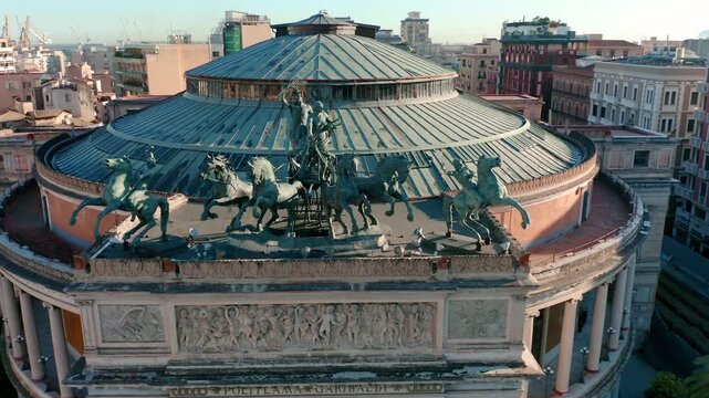 Dynamic aerial view of Teatro Massimo in Palermo, Italy, showcasing ornate architecture and city skyline