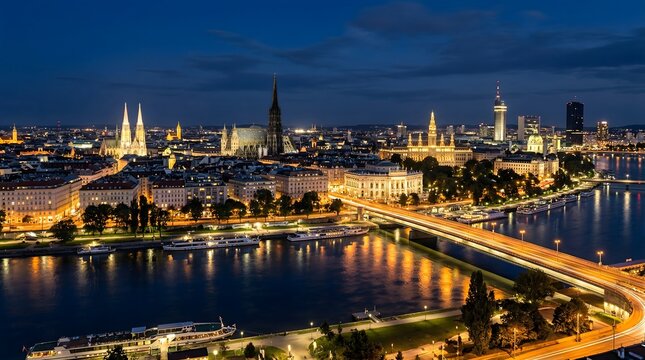 Vienna Night Skyline: Danube River & City Lights