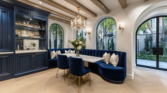 Luxurious dining nook features curved built in seating and custom cabinetry in a bright interior space