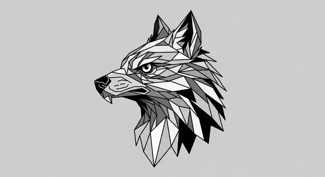 Geometric wolf head illustration in profile on solid gray background