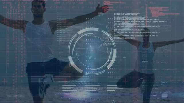 Animation of data processing and scope scanning over fit holding digital brain